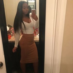 White Bodysuit & Brown Skirt